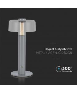 V-TAC Lampada LED da Tavolo 1W Colore Grigio e Bianco Trasparente Ricaricabile con USB C Touch Dimmerabile 3000K
