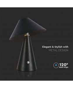 V-TAC Lampada LED da Tavolo 3W Colore Nero in Metallo Ricaricabile con USB C Touch Dimmerabile 3in1