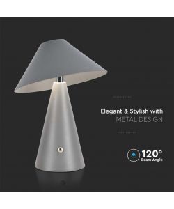 V-TAC Lampada LED da Tavolo 3W Colore Grigio in Metallo Ricaricabile con USB C Touch Dimmerabile 3in1