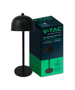 V-TAC Lampada LED da Tavolo 3W con Batteria 1800mAh Ricaricabile USB C Colore Nero in Metallo Touch Dimmerabile 3in1