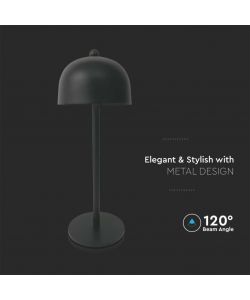 V-TAC Lampada LED da Tavolo 3W con Batteria 1800mAh Ricaricabile USB C Colore Nero in Metallo Touch Dimmerabile 3in1