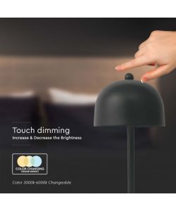 V-TAC Lampada LED da Tavolo 3W con Batteria 1800mAh Ricaricabile USB C Colore Nero in Metallo Touch Dimmerabile 3in1