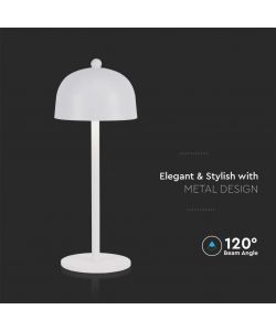 V-TAC Lampada LED da Tavolo 3W con Batteria 1800mAh Ricaricabile USB C Colore Bianco in Metallo Touch Dimmerabile 3in1