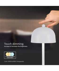 V-TAC Lampada LED da Tavolo 3W con Batteria 1800mAh Ricaricabile USB C Colore Bianco in Metallo Touch Dimmerabile 3in1