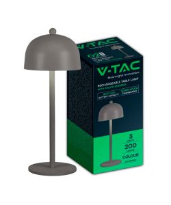 V-TAC Lampada LED da Tavolo 3W con Batteria 1800mAh Ricaricabile USB C Colore Grigio in Metallo Touch Dimmerabile 3in1