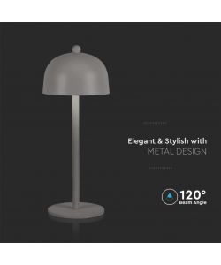 V-TAC Lampada LED da Tavolo 3W con Batteria 1800mAh Ricaricabile USB C Colore Grigio in Metallo Touch Dimmerabile 3in1