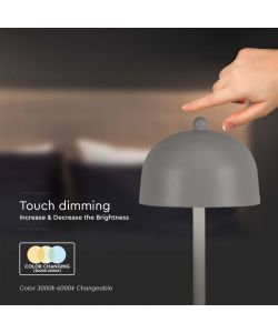 V-TAC Lampada LED da Tavolo 3W con Batteria 1800mAh Ricaricabile USB C Colore Grigio in Metallo Touch Dimmerabile 3in1
