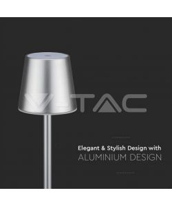 V-TAC Lampada LED da Tavolo 3W Colore Grigio ricaricabile con Micro-USB Touch Dimmerabile 4000K