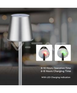 V-TAC Lampada LED da Tavolo 3W Colore Grigio ricaricabile con Micro-USB Touch Dimmerabile 4000K