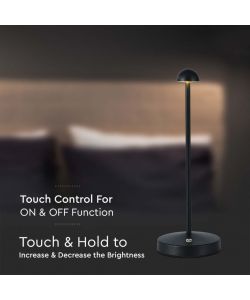 V-TAC Lampada LED da Tavolo 1.6W 105*295mm Colore Nero ricaricabile con USB C Touch Dimmerabile 3in1