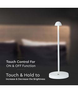 V-TAC Lampada LED da Tavolo 1.6W 25*295*105mm Colore Bianco ricaricabile con USB C Touch Dimmerabile 3in1