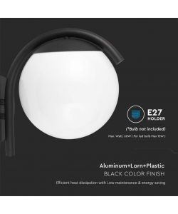 V-TAC Lampada LED da Muro con Sfera Opale e Portalampada E27 200*280*260mm Colore Nero Opaco IP44