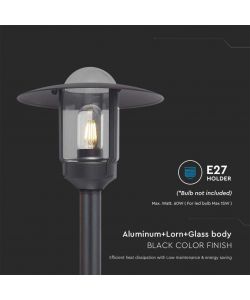 V-TAC Lampione LED da Giardino con Portalampada a Lanterna E27 Colore Nero Opaco h: 97.5cm IP44