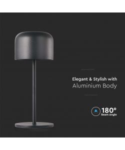 V-TAC Lampada LED da Tavolo 1.5W con Batteria 2200mAh Ricaricabile USB C Colore Nero in Metallo Touch Dimmerabile Bianco caldo + Bianco freddo
