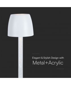 V-TAC Lampada LED da Tavolo 3W Colore Bianco e Trasparente Ricaricabile con USB C Touch Dimmerabile 3000K