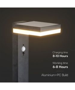 V-TAC Piantana Solare LED da Giardino Quadrata con Sensore PIR 5.5W Corpo Nero 155*299*155mm 3000K IP54