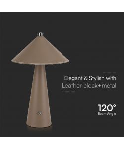 V-TAC Lampada LED da Tavolo 3W con Batteria Ricaricabile USB C Colore Marrone in Metallo Mantello in pelle Touch Dimmerabile 3in1