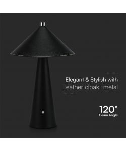 V-TAC Lampada LED da Tavolo 3W con Batteria Ricaricabile USB C Colore Nero in Metallo Mantello in pelle Touch Dimmerabile 3in1
