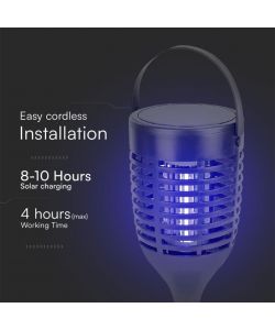 V-TAC Zanzariera Elettrica Ricaricabile Nero 3in1 con Pannello Solare