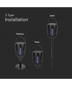 V-TAC Zanzariera Elettrica Ricaricabile Nero 3in1 con Pannello Solare