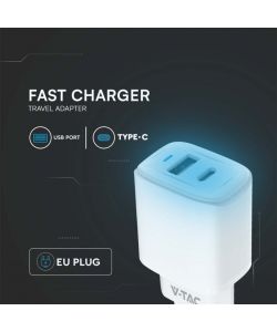 V-TAC Adattatore da Viaggio USB 20W 1 PD+1 QC Colore Bianco