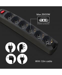 V-TAC Multipresa 6 Prese 10/16A 2P+T Bipasso/Schuko + Interruttore Generale LED Cavo 1,5m Spina 16A 2P+T