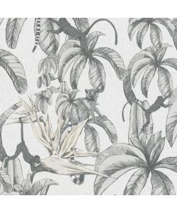 Topchic Carta da Parati Monkey Jungle Leaves Grigio e Nero