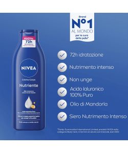 NIVEA Crema Corpo Nutriente 250 ml - Idratante 72h - Acido Ialuronico - Bianco