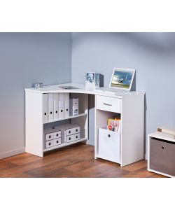 Scrivania Angolare Bianca con Libreria e Cassetto - 118x79x75 cm