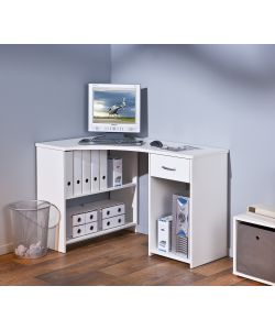 Scrivania Angolare Bianca con Libreria e Cassetto - 118x79x75 cm
