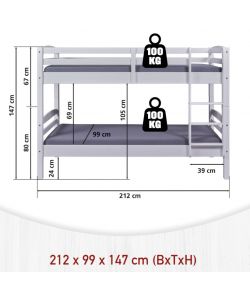 Letto a Castello Annika in Pino Massello Bianco - Divisibile in 2 Singoli
