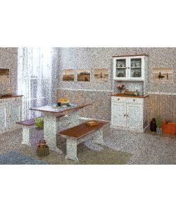 Inter Link Pino Massello Panca Bianco Marrone 110x37x45 - Buffet 2 Ante + 2 Cassetti 90x45x86H - Pino Massello Verniciato Ad Acqua Grigio + Top Marrone Seppia