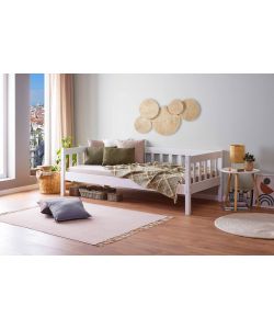 Sintro Divano Letto Singolo 90x200 in Pino Massello Bianco - Rete a Doghe Inclusa
