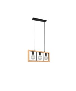 Trio Sospensione Agra 3 Luci E27 Metallo Nero Legno Naturale 60x150 cm