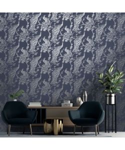 DUTCH WALLCOVERINGS Carta da Parati Pavone Blu Marino e Argento