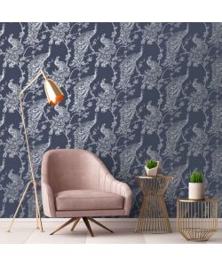 DUTCH WALLCOVERINGS Carta da Parati Pavone Blu Marino e Argento