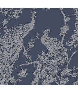 DUTCH WALLCOVERINGS Carta da Parati Pavone Blu Marino e Argento