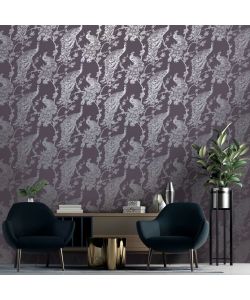 DUTCH WALLCOVERINGS Carta da Parati Pavone Viola e Argento