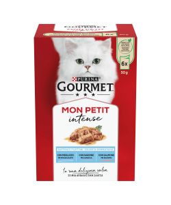 Gourmet Cibo Umido per Gatti Mon Petit 6x50g Merluzzo Sardina Salmone