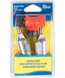 Erogatore e coppia cartucce di ricarica CO2 gonfiaggio pneumatici bici