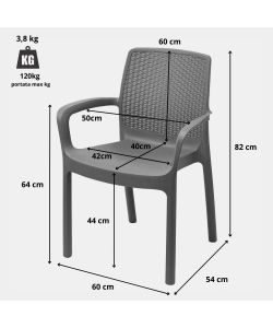 Sedia da Giardino Impilabile Effetto Rattan Antracite Regina - 61x54x82 cm - Ipae Progarden