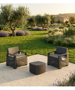 Set salotto da giardino antracite effetto rattan 2 poltrone e tavolino con cuscini - Ipae Progarden