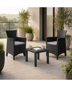 Set Forest Salotto Giardino Rattan Antracite - 1 Tavolino e 2 Poltrone