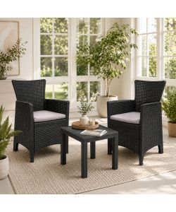 Set Forest Salotto Giardino Rattan Antracite - 1 Tavolino e 2 Poltrone