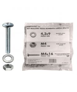 Kit viti testa bombata larga Diam. 4 x 16 + dadi + rondelle - 400 pz.