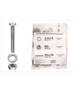 Kit viti testa esagonale M6 x 20 + dadi + rondelle - 200 pz.