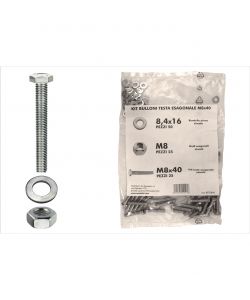 Kit viti testa esagonale M8 x 40 + dadi + rondelle - 100 pz.