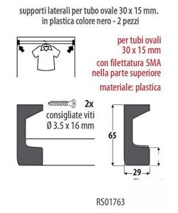 Masidef Supporti Laterali per Tubi Ovali 30x15 mm Nero 2 pz