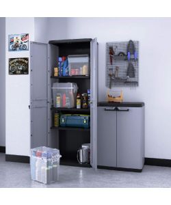 Keter Armadi in Resina Grigio - Set Completo con Armadio Alto e Basso - 68x39x166h cm e 68x39x83h cm - Design Moderno e Funzionale