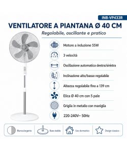 Innoliving Ventilatore Piantana Bianco d. 40 cm 55W 5 Pale Altezza Regolabile
